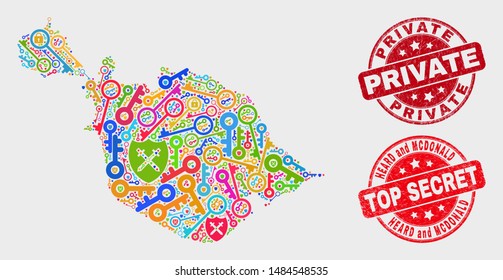 Safeguard Heard and McDonald Islands map and seal stamps. Red round Top Secret and Private grunge seal stamps. Colored Heard and McDonald Islands map mosaic of different safeguard symbols.