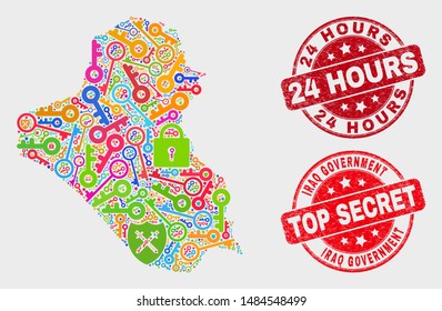 Safeguard Iraq map and seal stamps. Red round Top Secret and 24 Hours scratched stamps. Colorful Iraq map mosaic of different privacy symbols. Vector combination for keeping purposes.