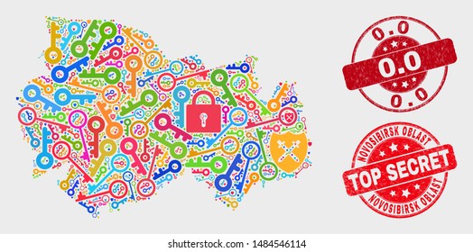Safeguard Novosibirsk Region map and seal stamps. Red rounded Top Secret and 0.0 scratched seal stamps. Colorful Novosibirsk Region map mosaic of different privacy symbols.