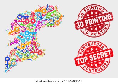 Safeguard Pontevedra Province map and stamps. Red round Top Secret and 3D Printing scratched seal stamps. Colorful Pontevedra Province map mosaic of different safeguard icons.