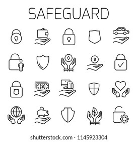 Safeguard related vector icon set. Well-crafted sign in thin line style with editable stroke. Vector symbols isolated on a white background. Simple pictograms.