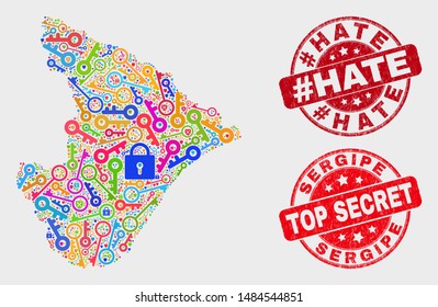 Safeguard Sergipe State map and watermarks. Red rounded Top Secret and #Hate grunge watermarks. Colored Sergipe State map mosaic of different safeguard items. Vector combination for safety purposes.