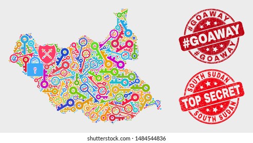 Safeguard South Sudan map and seal stamps. Red round Top Secret and #Goaway grunge seal stamps. Bright South Sudan map mosaic of different registration items. Vector combination for safety purposes.