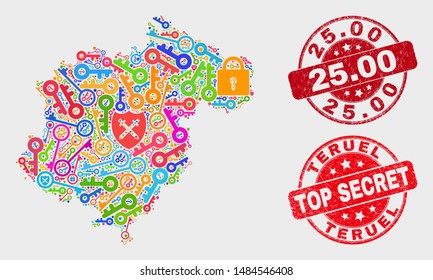 Safeguard Teruel Province map and seal stamps. Red round Top Secret and 25.00 scratched seal stamps. Colorful Teruel Province map mosaic of different guard elements.