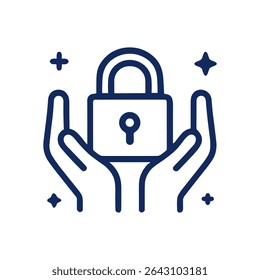 Safeguarded lock within supportive hands. Icon symbol illustration