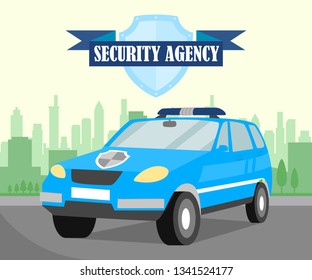 Safeguarding Company Car Flat Banner Template. Cartoon Security Company Auto. Corporate Vehicle Vector Illustration. Security Agency Emblem with Lettering. Ribbon and Shield. Banner, Poster Layout
