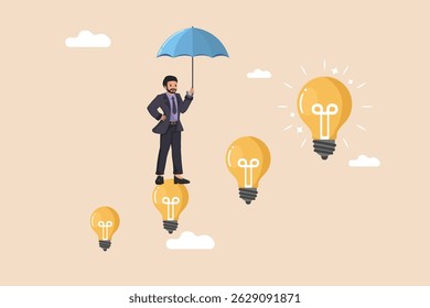 Salvaguardando Conceitos de Negócios Inovadores: Um Empresário com um Guarda-Chuva Protegendo Ideias Emergentes Representado por Lâmpadas Brilhantes.