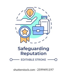 Safeguarding reputation multi color concept icon. Traveler safety. Benefit of travel risk management. Round shape line illustration. Abstract idea. Graphic design. Easy to use in presentation