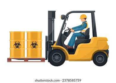 Safely drive a forklift. Fork lift truck transporting a pallet with a barrel of biological materials. Safety when driving forklifts. safety first. Industrial Safety and Occupational Health