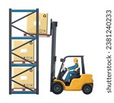 Safely driving a forklift. Fork lift truck lifting pallet with boxes to an industrial warehouse rack. Forklift driving safety. Security First. Industrial storage and distribution of products
