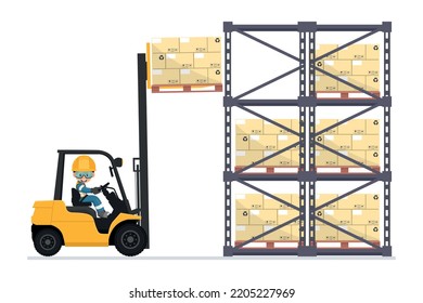 Safely driving a forklift. Fork lift truck lifting pallet with boxes to an industrial warehouse rack. Forklift driving safety. Security First. Industrial storage and distribution of products