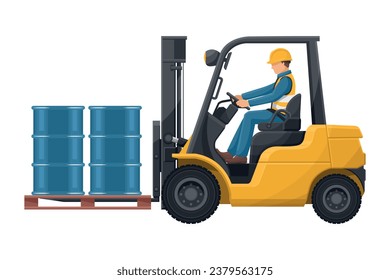 Safely driving a forklift. Fork lift truck with barrel pallet of hydraulic or petroleum oil, toxic materials. Lift truck driving safety. Security First. Industrial Safety and Occupational Health