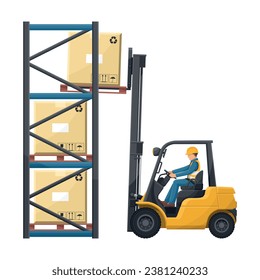 Safely driving a forklift. Fork lift truck lifting pallet with boxes to an industrial warehouse rack. Forklift driving safety. Security First. Industrial storage and distribution of products
