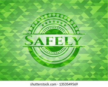 Safely realistic green emblem. Mosaic background