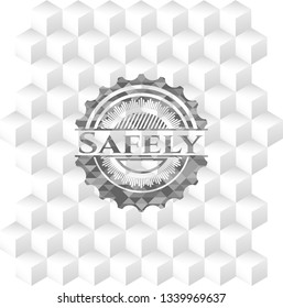 Safely realistic grey emblem with cube white background