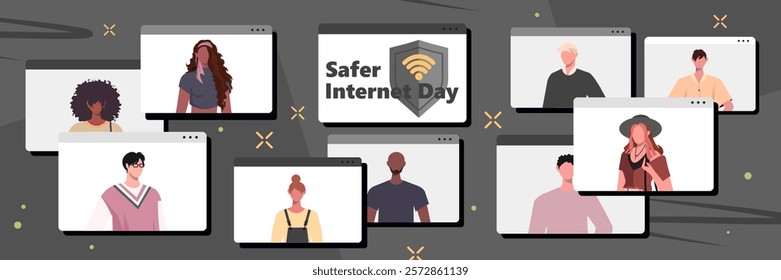 Safer Internet Day. Concept of cybersecurity and data protection. Video call, modern tech usage concept. Vector illustration. Not AI generated 