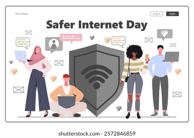 Safer Internet Day. Safer gray Shield. Young people using smartphones and laptops.  Modern concept for website development, social media, template web. Vector Not AI generated