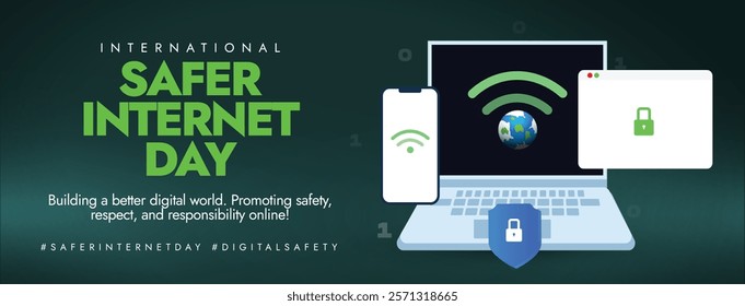 Safer Internet Day. International Safer Internet Day awareness cover for online security, cyber crime. Internet Security post with laptop, WIFI icon, web browser and secure shield icon. Vector