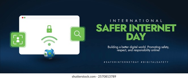 Safer Internet Day. International Internet Security Day social media banner or cover for awareness with Internet sign, earth globe, privacy, search, Identity icons and web browser. . Cyber Security