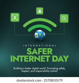 Safer Internet Day. International Safer Internet Day social media banner for awareness with Internet sign, earth globe, privacy, search, Identity icons. Cyber Security poster or banner.