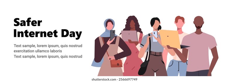 Safer Internet Day. Large group of people using laptops and smartphones. Internet network security technology concept. Vector illustration. Not AI generated