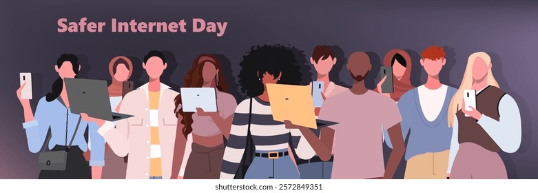 Safer Internet Day is in the second week of February every year. Diverse young people using smartphones and laptops. Vector illustration. Not AI generated - Powered by Shutterstock - Get 15% off with code: PIKWIZARD15