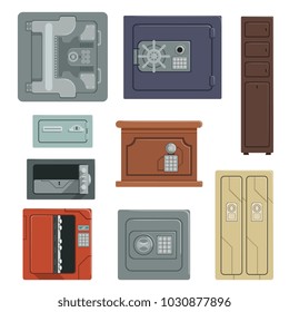 Safes for saving money and documents set, property security concept vector Illustrations isolated on a white background