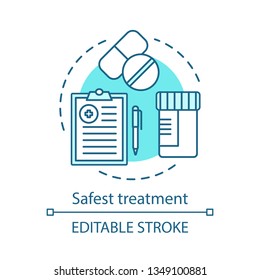 Safest treatment concept icon. Medical care protocol. Medicine prescription. Therapy. Case history, tests, pills idea thin line illustration. Vector isolated outline drawing. Editable stroke