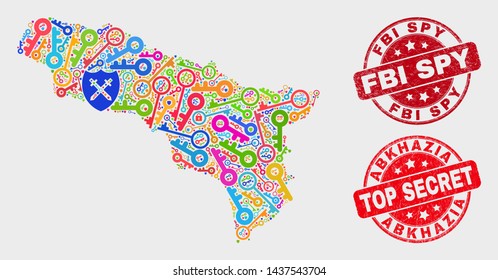 Safety Abkhazia map and seal stamps. Red round Top Secret and FBI Spy textured seal stamps. Bright Abkhazia map mosaic of different administration symbols. Vector combination for guard purposes.