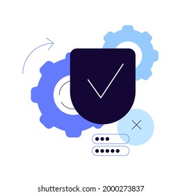 Safety access. Shield with tick and wheels. Login process. Flat illustration. Vector file.