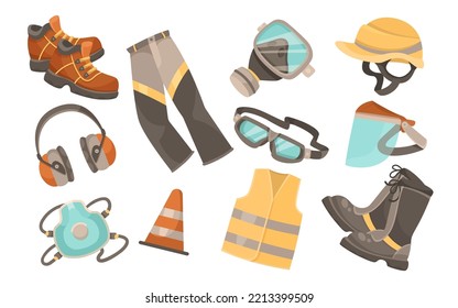 Safety accessories for workers vector illustrations set. Collection of personal protective equipment for workers isolated on white background. Safety, security, protection, prevention concept