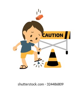 Safety and accident character. Trauma and brick on head, Injuring A Foot. Vector illustration