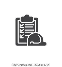 Icono vector de acuerdo de seguridad. Hardhat y documento llenaron el signo plano para el concepto móvil y el diseño web. Icono de glifo de contacto de política de seguridad. Símbolo, ilustración del logotipo. Gráficos vectoriales