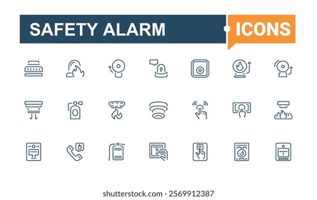 Safety Alarm icons set. Includes icons for hydrant, heat, flame, smoke, extinguisher, call, firefighter and more. Thin linear style icons. Editable stroke.