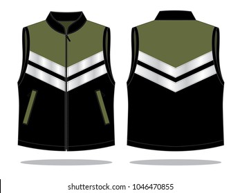 Safety Army-Black Vest with Gray Reflective Design on White Background. Front and Back Views, Vector File.