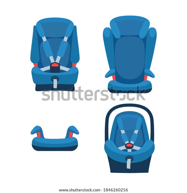 Safety baby car seats collection. Different\
type of child restraint. Booster front view. Isolated objects.\
Vector illustration on white\
background