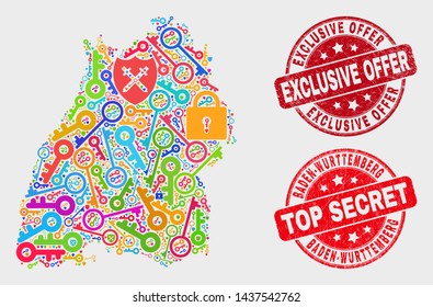 Safety Baden-Wurttemberg Land map and seals. Red round Top Secret and Exclusive Offer distress seals. Colored Baden-Wurttemberg Land map mosaic of different security symbols.