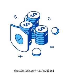 Safety bank transaction online shopping payment process cash coin money shield 3d icon isometric vector illustration. Protective cyberspace service privacy internet paying security system technology