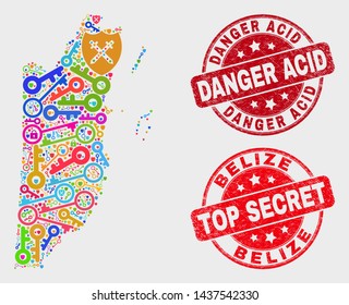 Safety Belize map and stamps. Red rounded Top Secret and Danger Acid textured seal stamps. Bright Belize map mosaic of different secure symbols. Vector collage for safety purposes.