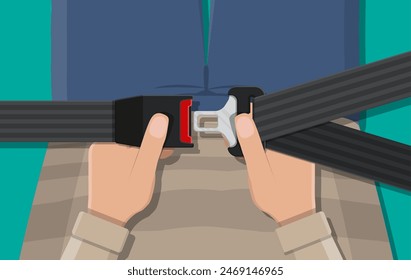 Safety belt in hand. Seat belt for protection. Lifesaver. Safety equipment for car and plane. Vector illustration in flat style