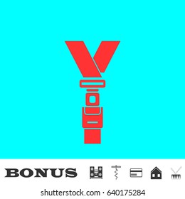 Safety belt icon flat. Red pictogram on blue background. Vector illustration symbol and bonus buttons Music center, corkscrew, credit card, house, drum