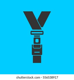 Safety belt icon flat. Simple vector black pictogram on blue background