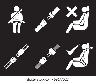 Safety belt icons set. White on a black background