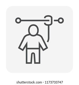 Safety belt vector icon. That uniform or tool with rope is personal protective equipment (PPE) for wear to work at height building to protect or safe or prevent builder person fall, injury. 64x64px