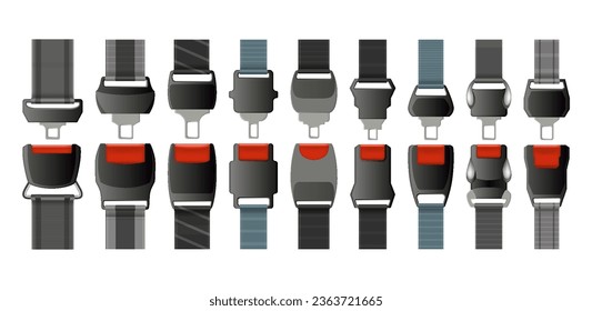 Safety belts set. Fasten your seatbelt, warning banner. Safe driving rule vector concept. Vehicle driving or airplane belts with lock for save your life in road accident decent
