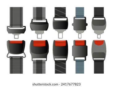 Safety belts set. Fasten your seatbelt, warning banner. Safe driving rule vector concept. Vehicle driving or airplane belts with lock for save your life in road accident decent