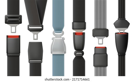 Safety belts. Vehicle airplanes driving belts with lock for save your life in road accident decent vector illustrations in realistic style