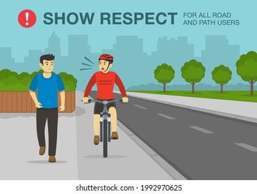 Consejos de seguridad para la bicicleta y regla de conducción. Mostrar respeto por todos los usuarios de caminos y caminos. Vista frontal del ciclismo ciclista y peatonal. Plantilla de ilustración vectorial plana.