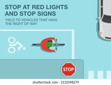 Safety bicycle driving and traffic regulation rules. Stop at red lights and stop signs, yield to vehicles that have the right of way. Top view. Flat vector illustration template.