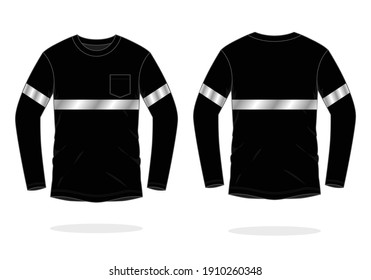 Safety Black Long Sleeve T-Shirt With Gray Reflective Tape Design on White Background.Front and Back View